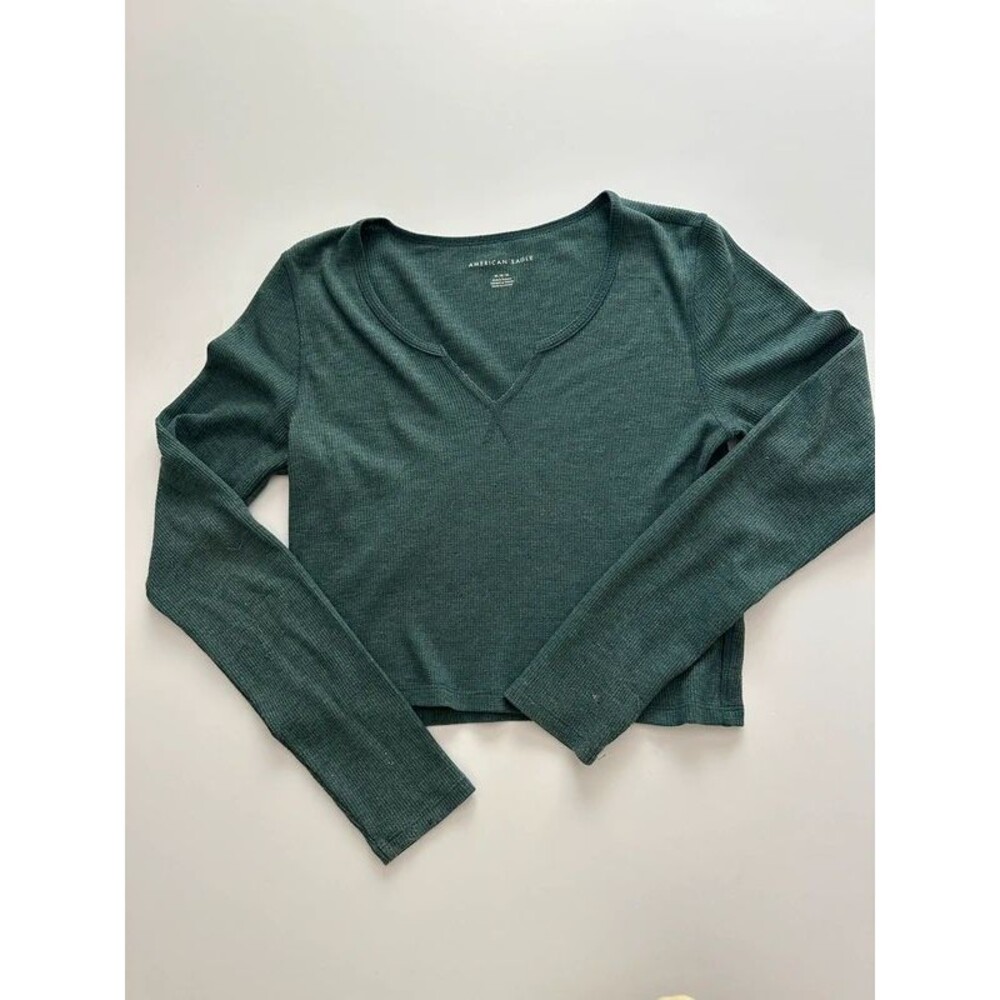 Green Cropped Waffle Thermal Fall Layering